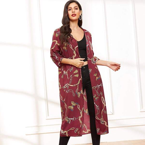 

Chain & Butterfly Print Open Front Longline Coat, Burgundy