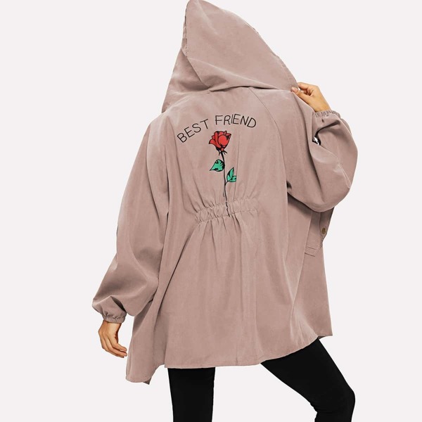 

Letter & Floral Print Raglan Sleeve Hooded Outerwear