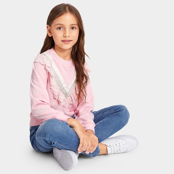 

Girls Contrast Lace Ruffle Trim Chevron Pattern Sweatshirt