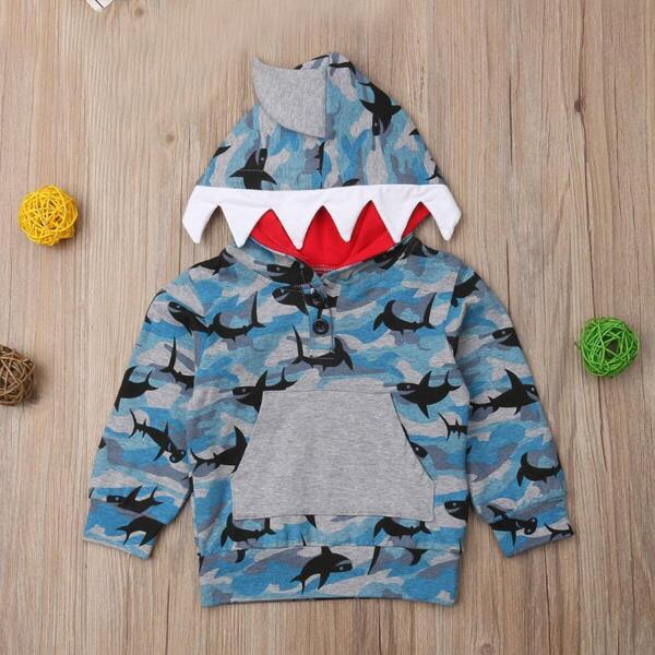 

Toddler Boys Shark & Camo Print Button Placket Hoodie, Multicolor