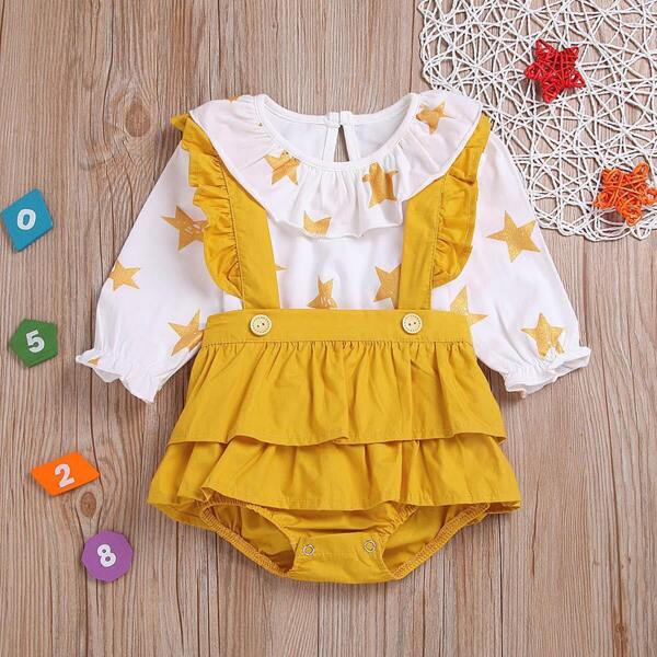 

Toddler Girls Star Print Tee With Frill Straps Shorts, Yellow