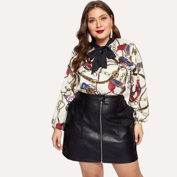 

Plus Chain Print Tie-neck Blouse