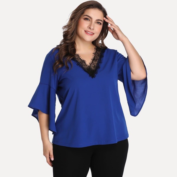 

Plus Contrast Lace Flounce Sleeve Blouse
