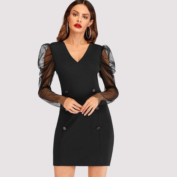 

Contrast Mesh Button Front Dress