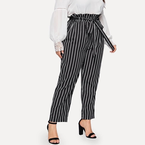 

Plus Striped Self Tie Paperbag Waist Pants