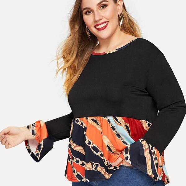 

Plus Chain Print Panel Ruffle Hem Tee