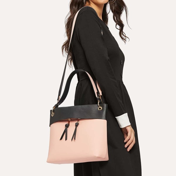 

Double Zipper Color-block Satchel Bag