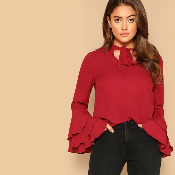 

Layered Sleeve Tie Neck Blouse