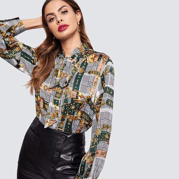 

Tie Neck Mixed Print Top
