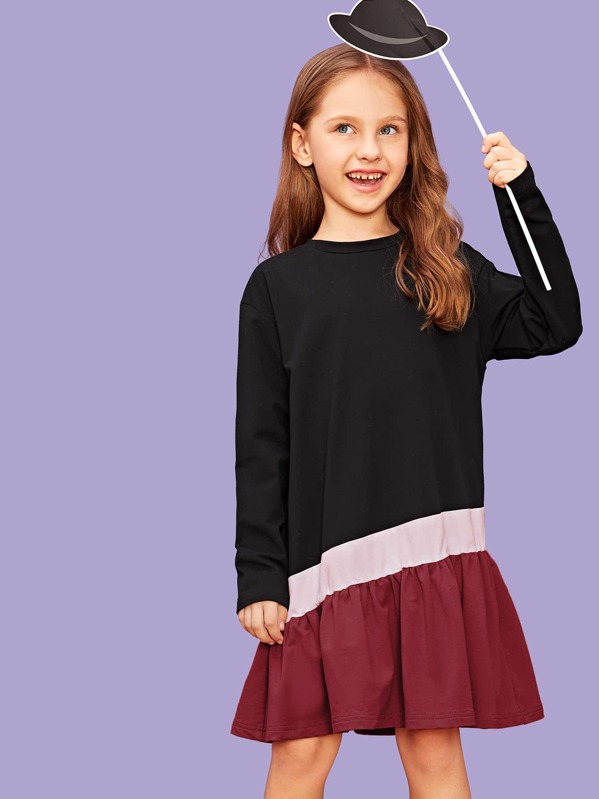 

Girls Cut-and-sew Flounce Hem Dress, Multicolor