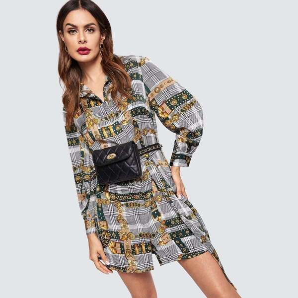 

Mixed Print Belted Shirt Dress