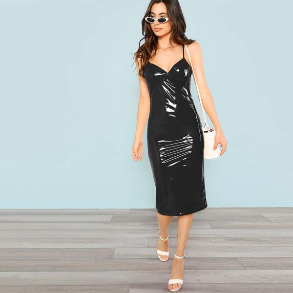 

Split Back Faux Patent Buster Cami Dress