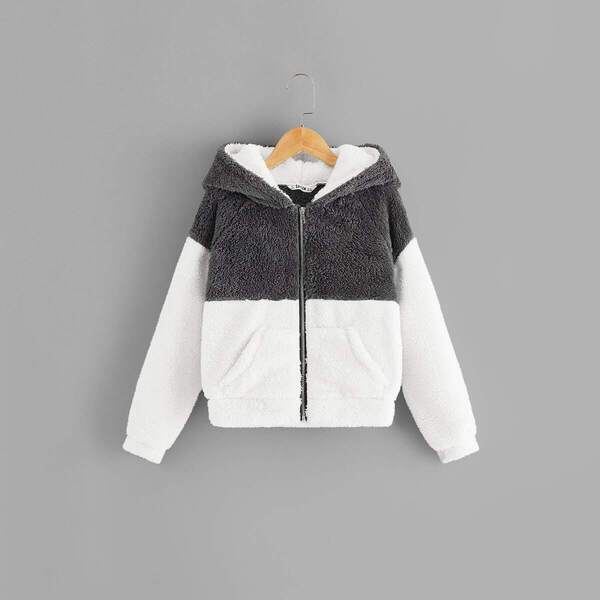 

Girls Color Block Zip Up Hooded Teddy Jacket, Multicolor