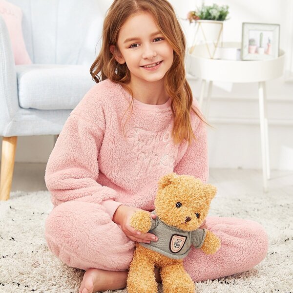 

Girls Letter Embroidered Teddy Pullover & Pants PJ Set