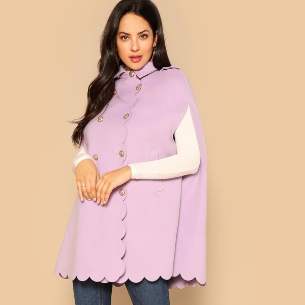 

Double Breasted Scallop Edge Cape Coat, Purple