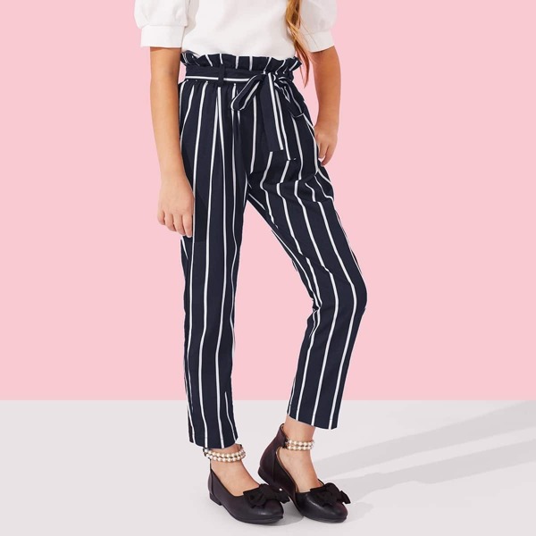 

Girls Paperbag Waist Belted Striped Pants