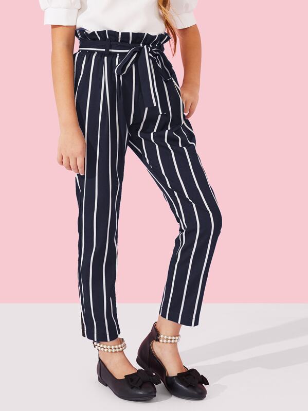 Girls Paperbag Waist Belted Striped Pants, Navy