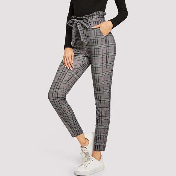 

Paperbag Waist Pocket Plaid Pants, Grey