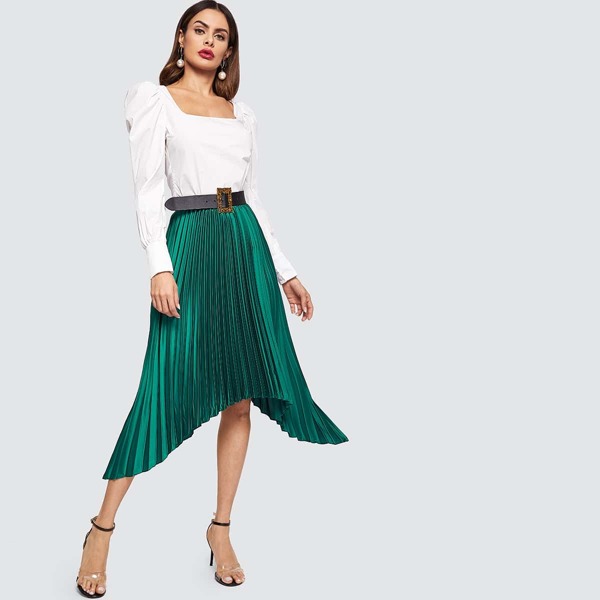 Elastic Waist Asymmetrical Skirt, Green