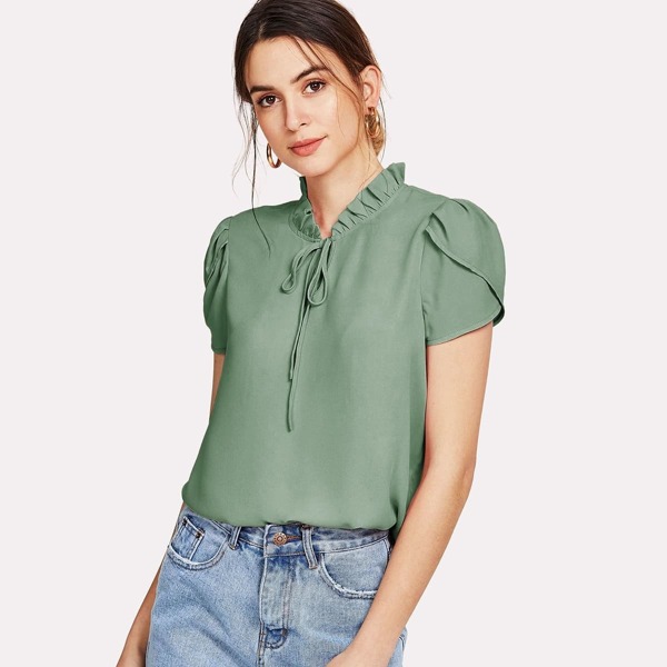 

Frill Trim Tie Neck Petal Sleeve Top