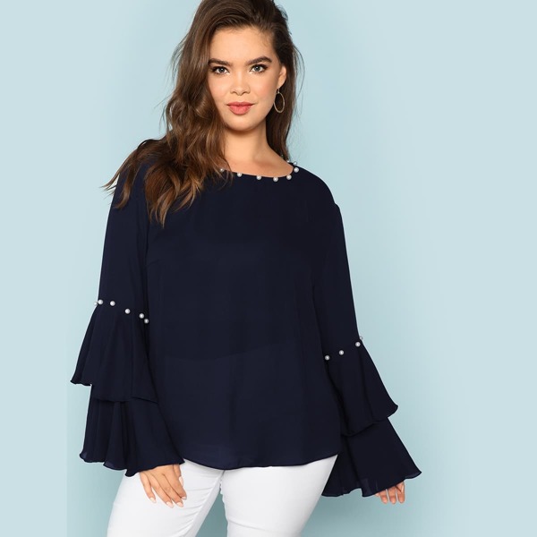 

Plus Pearl Detail Exaggerate Flounce Sleeve Top