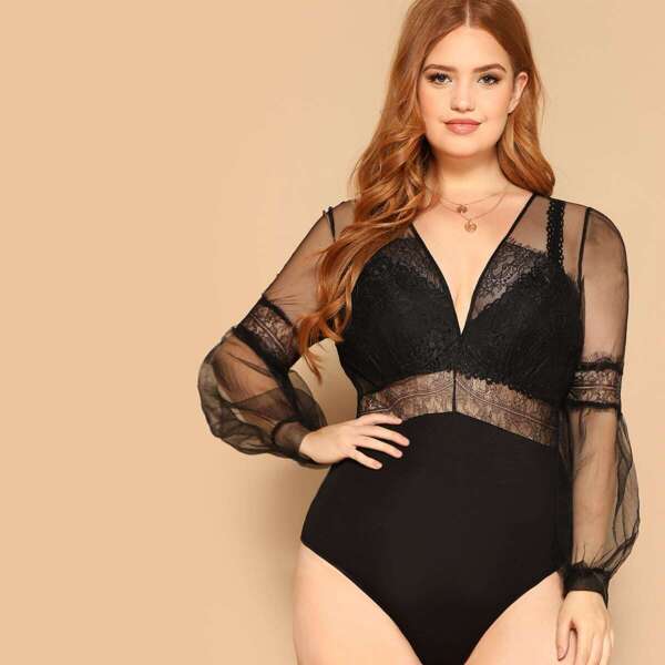 

Plus Lace Insert Mixed Media Sheer Bodysuit