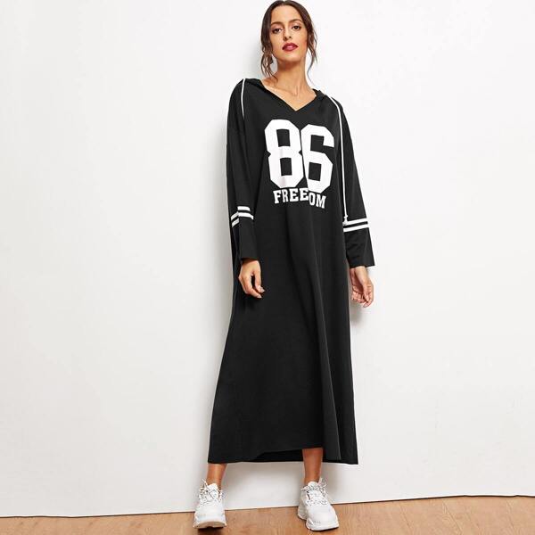 

Number and Letter Print Drawstring Hooded Maxi Dress