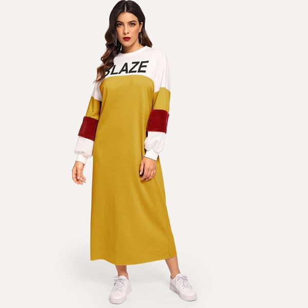 

Faux Fur Contrast Sleeve Color Block Letter Dress
