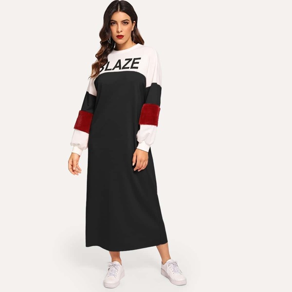 

Faux Fur Sleeve Insert Color-block Letter Print Dress