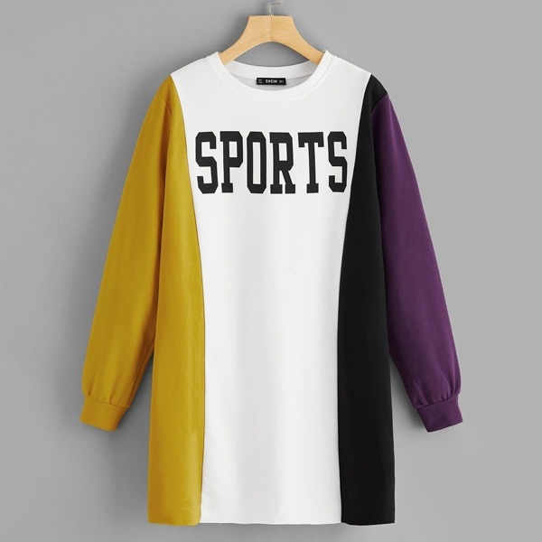 

Letter Print Colorblock Longline Sweatshirt, Multicolor