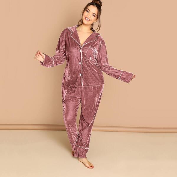 

Plus Contrast Tipping Velvet Shirt & Pants PJ Set