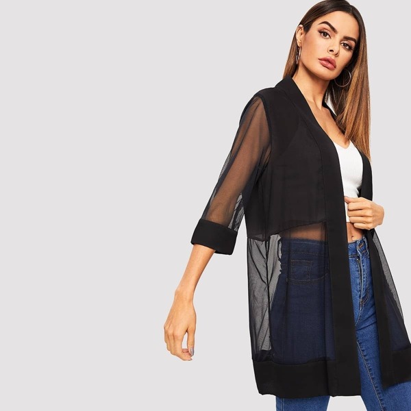

Open Front Solid Sheer Mesh Coat, Black