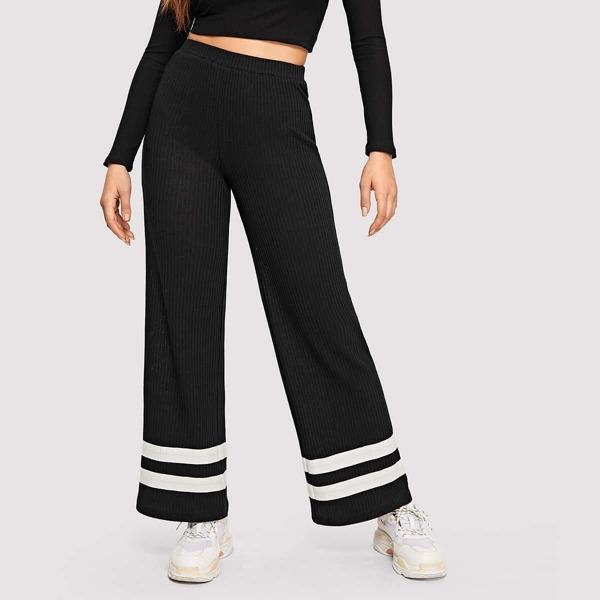 

Elastic Waist Ribbed Knit Striped Pants