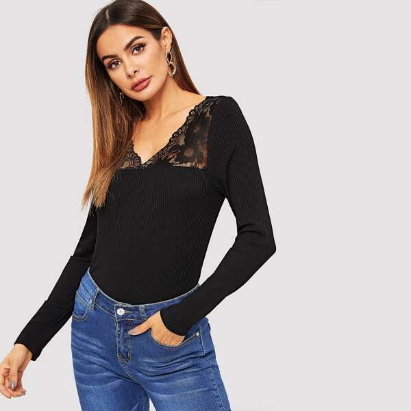 

Lace Insert Ribbed Knit Tee