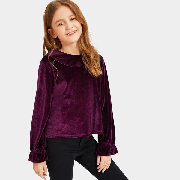 

Girls Foldover Front Button Detail Velvet Top