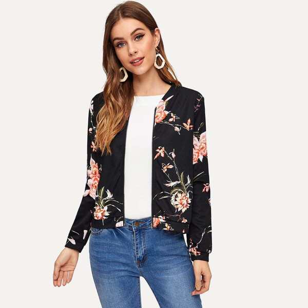 

Floral Print Zip Front Jacket, Black