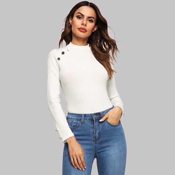 

Ribbed Knit Button Mock Neck Tee