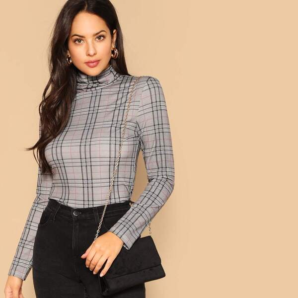 

High Neck Form Fitted Plaid Tee