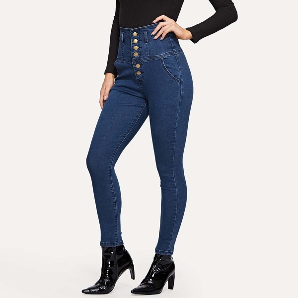 

Button Front Solid Jeggings, Navy