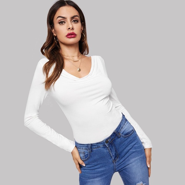 

Cowl Neck Fitted Solid Tee, White