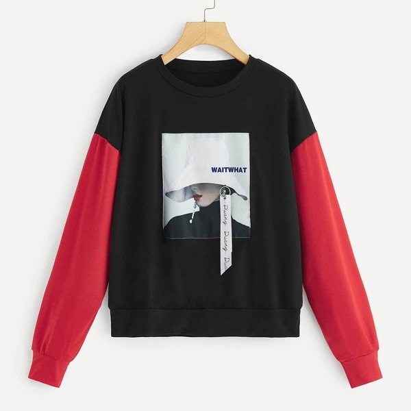 

Graphic Patched Contrast Sleeve Pullover