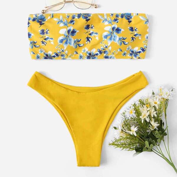

Random Floral Print Bandeau Bikini Set