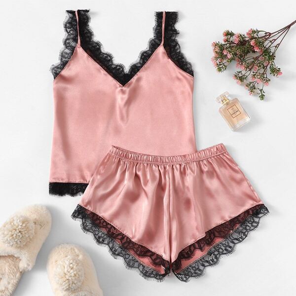 

Eyelash Lace Satin Cami Pajama Set