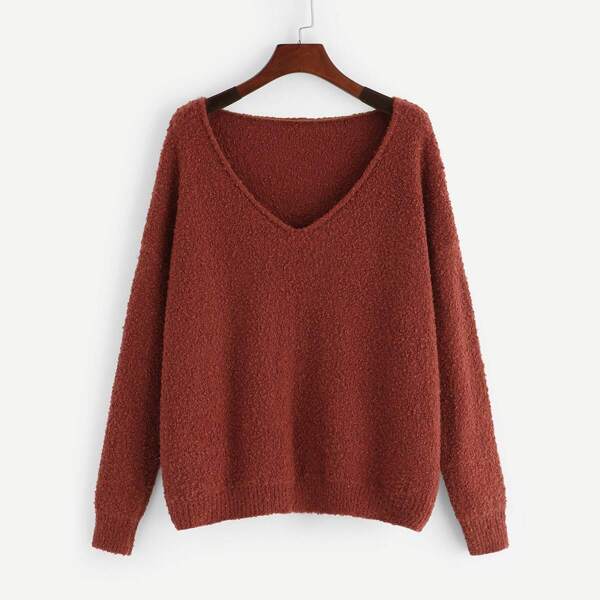 

V Neck Solid Fuzzy Sweater
