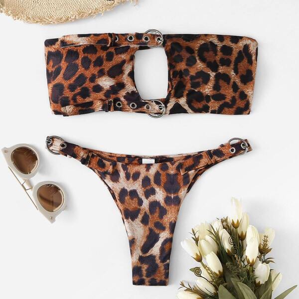 

Random Leopard Eyelet Buckle Bandeau With High Leg Bikini, Multicolor