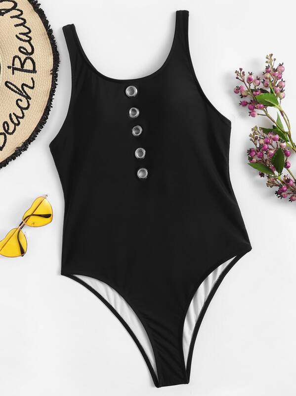 

Button Decorated Tank One Piece Swimwear, Black