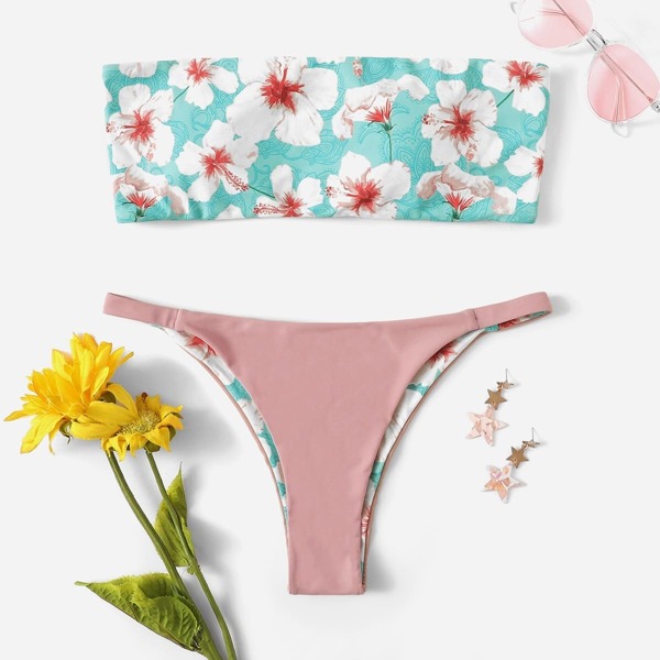 

Random Floral Cut-out Bandeau With Low Rise Bikini, Multicolor