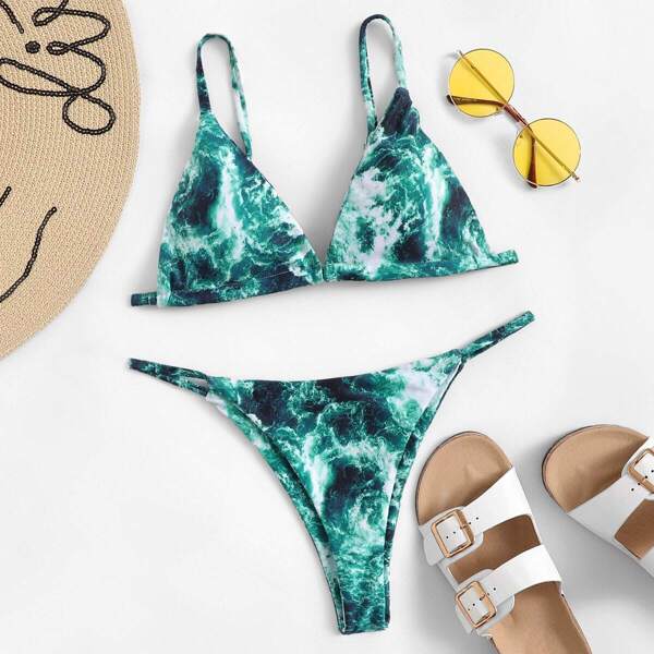 

Random Marble Print Top With High Leg Bikini
