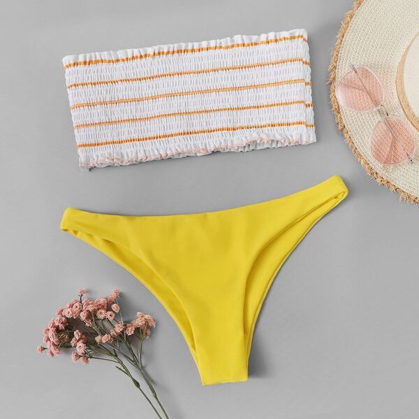 

Frill Trim Shirred Bandeau With High Leg Bikini, Multicolor