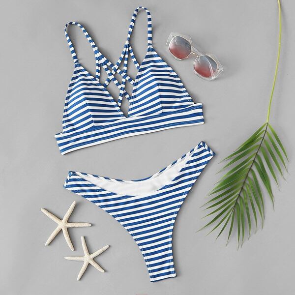 

Random Striped Criss Cross Top With High Leg Bikini